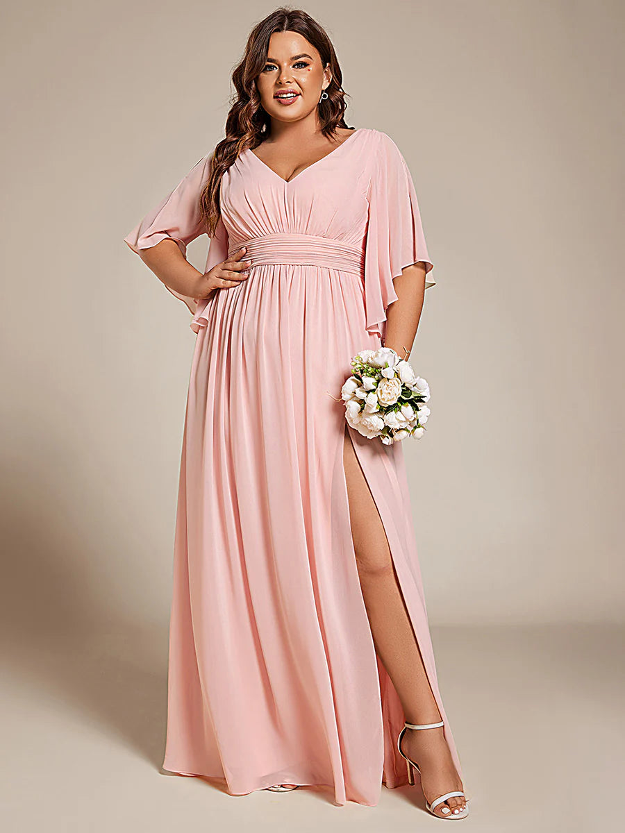 Plus V Neck Pleated Belt Wholesale Chiffon Bridesmaid Dresses