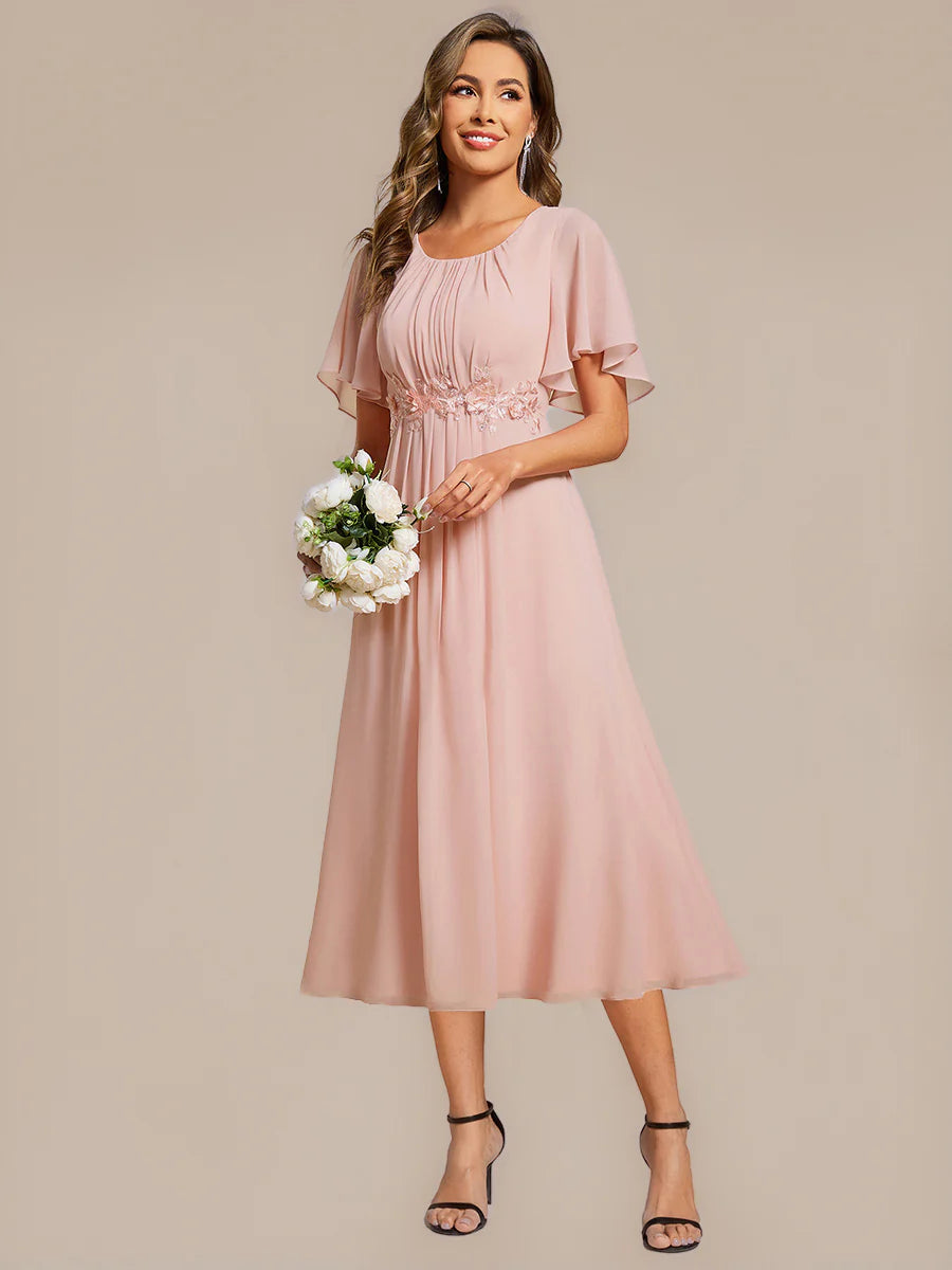 Commercial Wholesale Short Sleeve Ruffle A-Line Midi Dress with Floral Appliques Evening Dresses