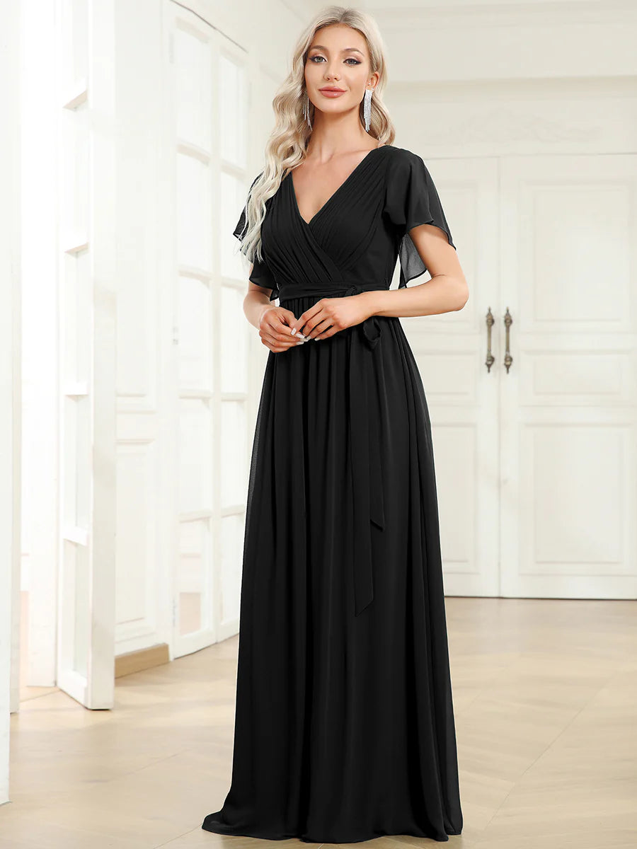 A Line Wholesale Evening Dresses with Deep V Neck Ruffles Sleeves