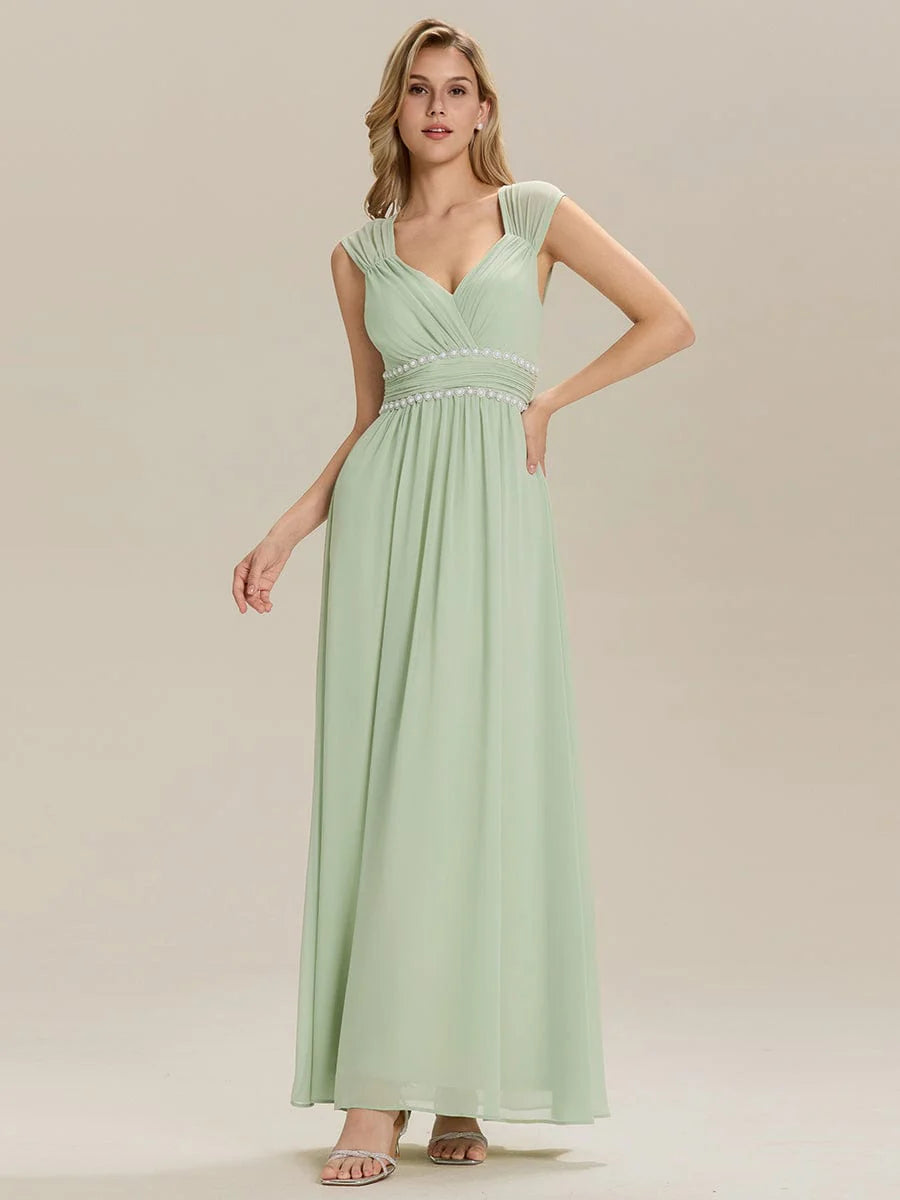 Custom Made Sleeveless Pleated Deep V-Neck A-Line Floor Length Dress; Bridesmaid Dresses