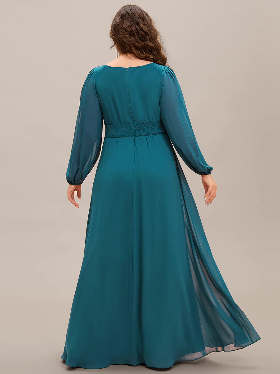 Plus Size Round Neck Wholesale Bridesmaid Dresses with Long Lantern Sleeves