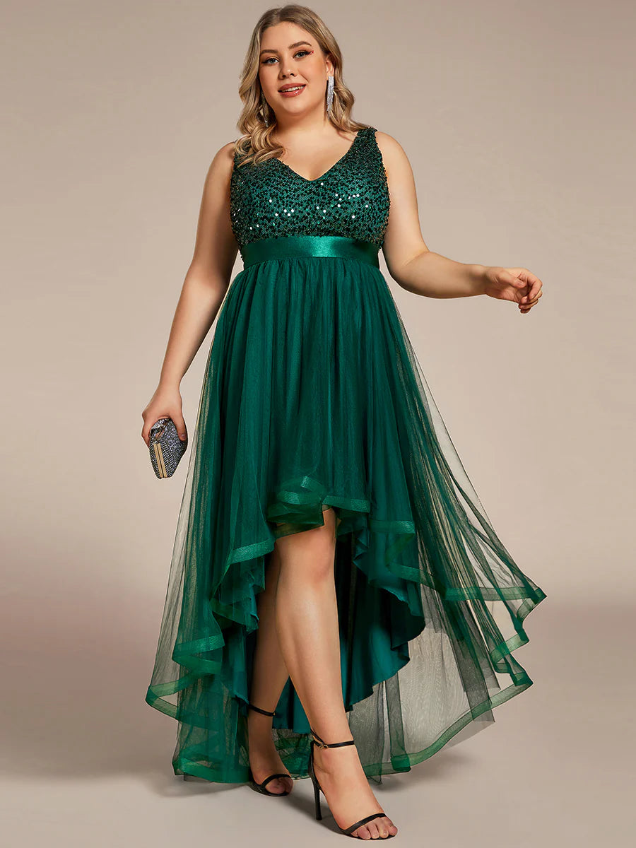 Plus Size Sparkling Wholesale Evening Dresses with Asymmetrical Hem Deep V Neck