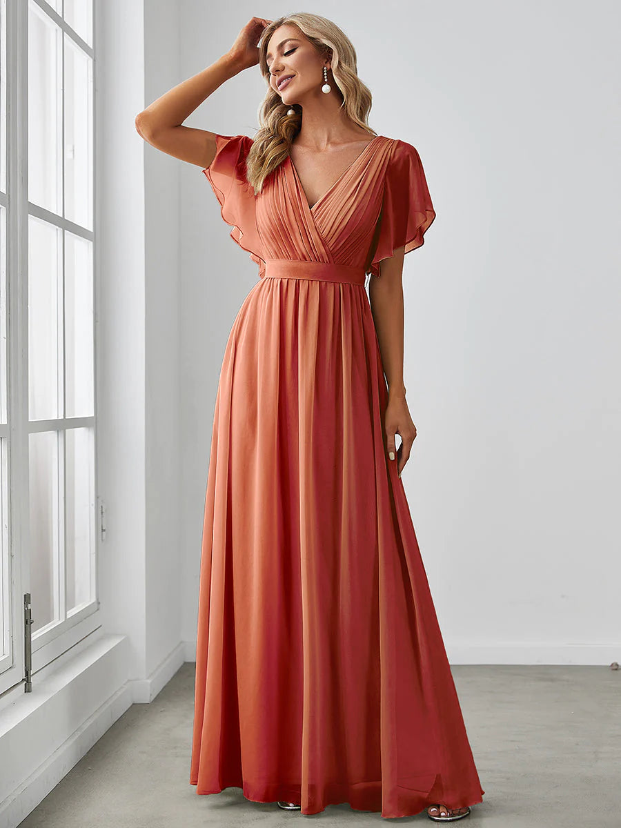 A Line Wholesale Evening Dresses with Deep V Neck Ruffles Sleeves