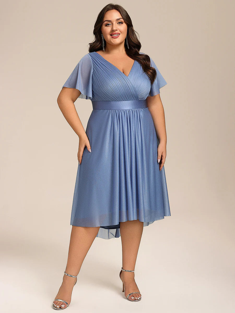 Plus Size Ruffle Sleeves Ruched Wedding Guest Glitter Asymmetric Hem Dress
