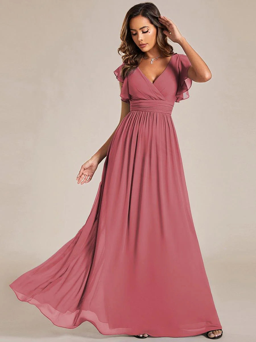 Ever LILYANA|Elegant V-Neck Open Back Ruffled Sleeves Chiffon Bridesmaid Dress
