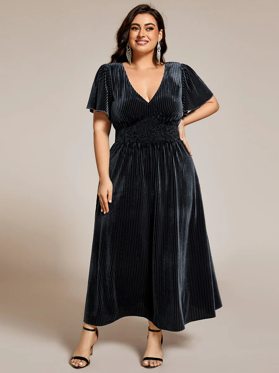 Plus-Size-V-Neck Tea Length Velvet Wedding Guest Dresses