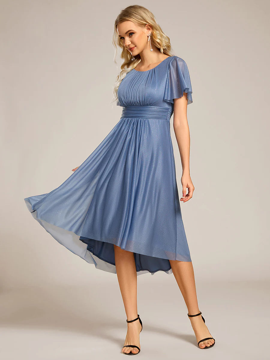 Short Sleeves Pleated Ruffle Round Neck Asymmetrical Midi Wedding Guest Dress