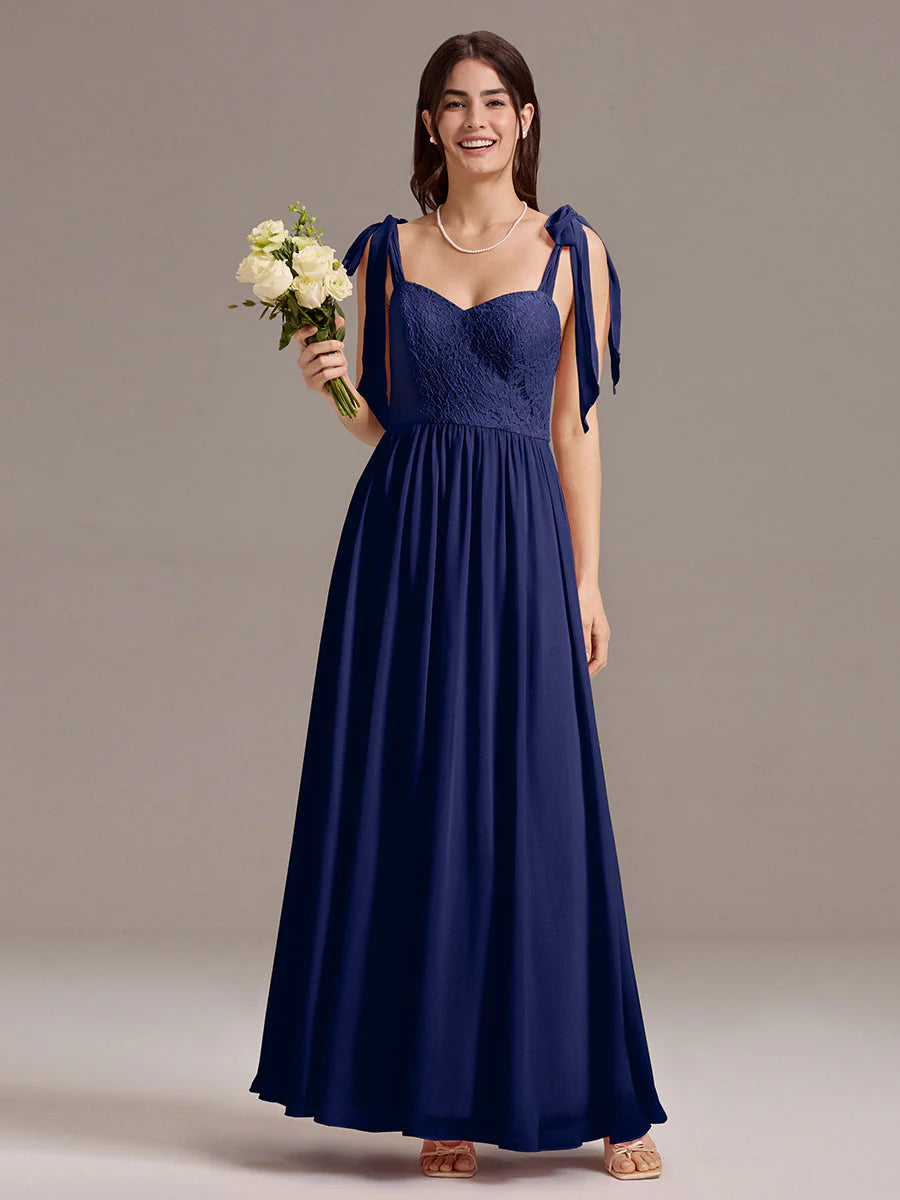 Chiffon Sweetheart Neck Bow Tie Backless A-Line Lace Bridesmaid Dress