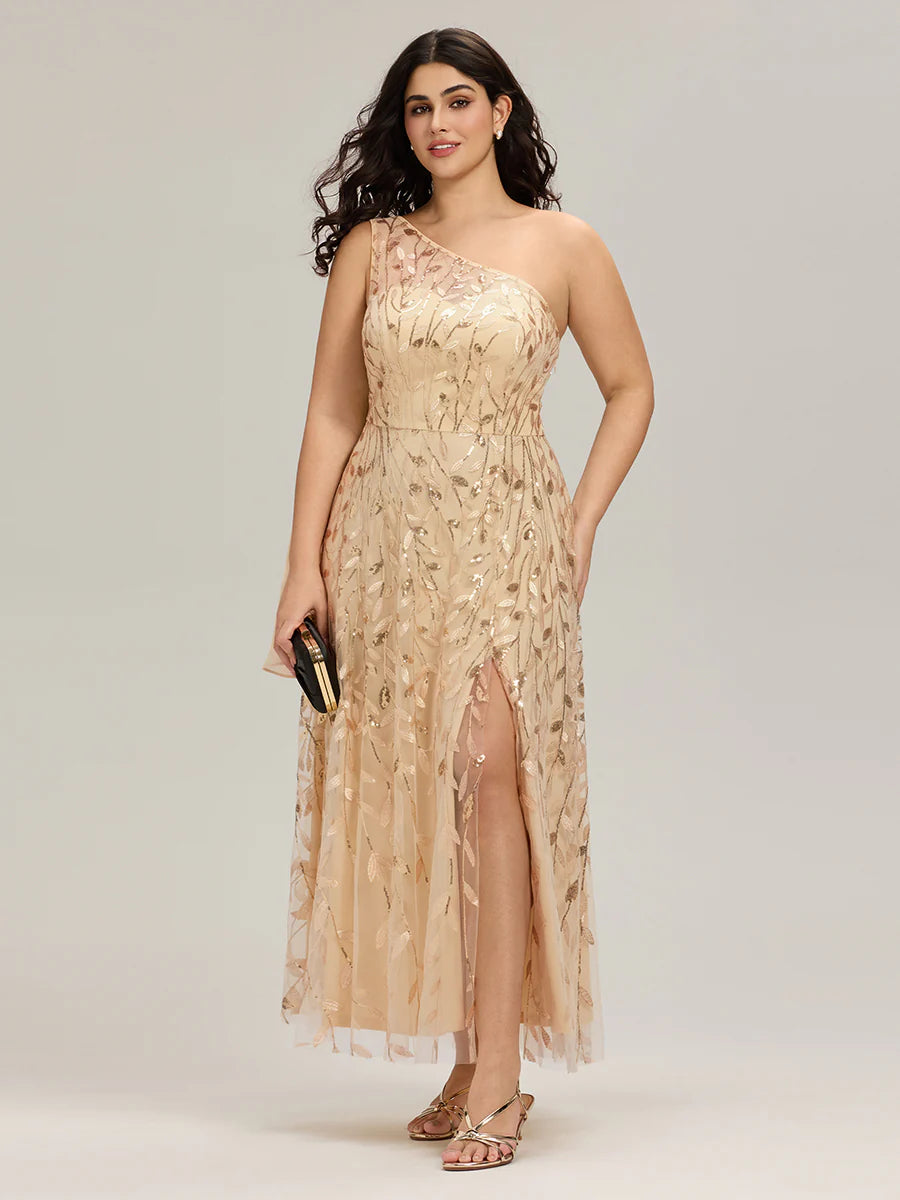 One Shoulder Sleeveless Sequin A-Line Maxi Wedding Guest Dress