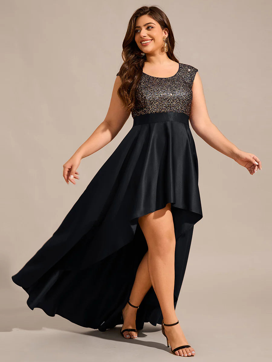 Plus Size Elegant Round Neck Asymmetrical Hem Sequin Contrast Satin Dresses with Raglan Sleeves