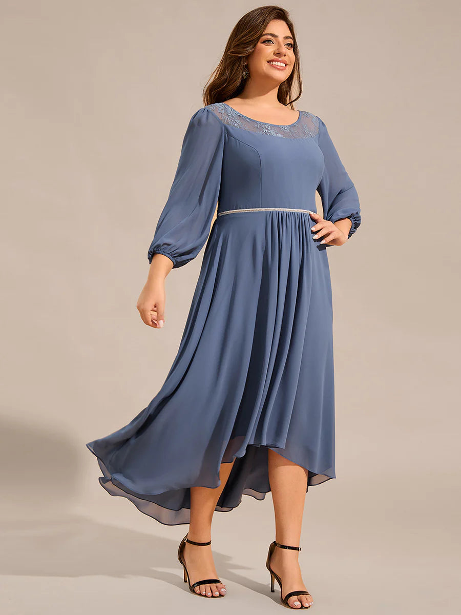 Plus Size Elegant Round Neck Smocking Midi Length Chiffon Wedding Guest Dresses with Asymmetrical Hem