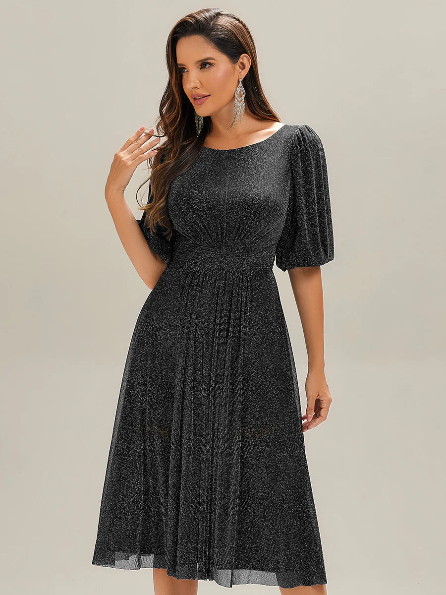 Half Sleeve Gathered A-Line Midi Length Wedding Guest Dresses