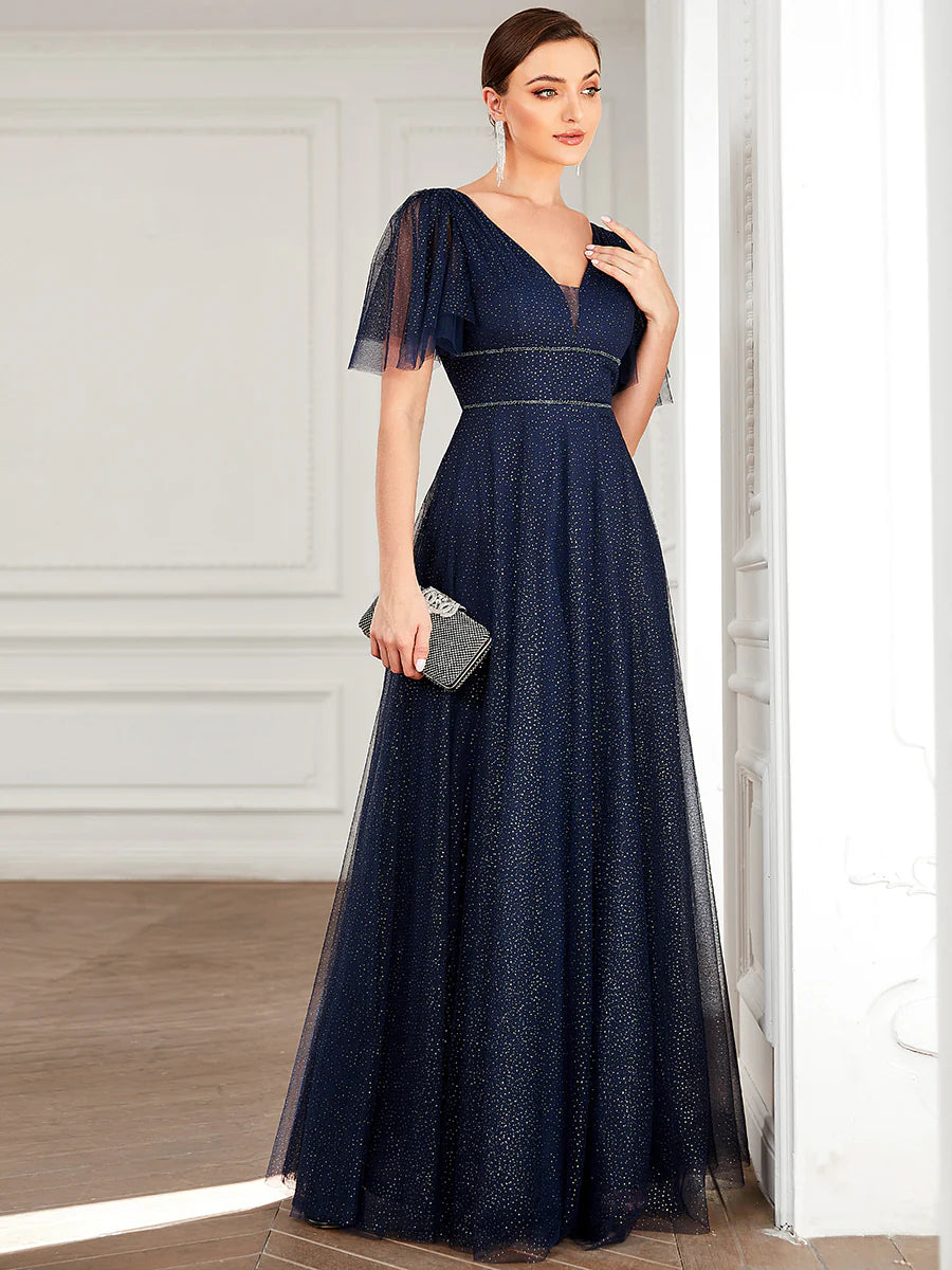 Wholesale Long Deep V Neck Maxi A-Line Tulle Evening Dress