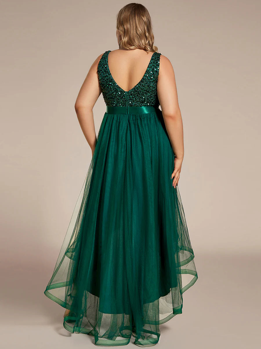 Plus Size Sparkling Wholesale Evening Dresses with Asymmetrical Hem Deep V Neck