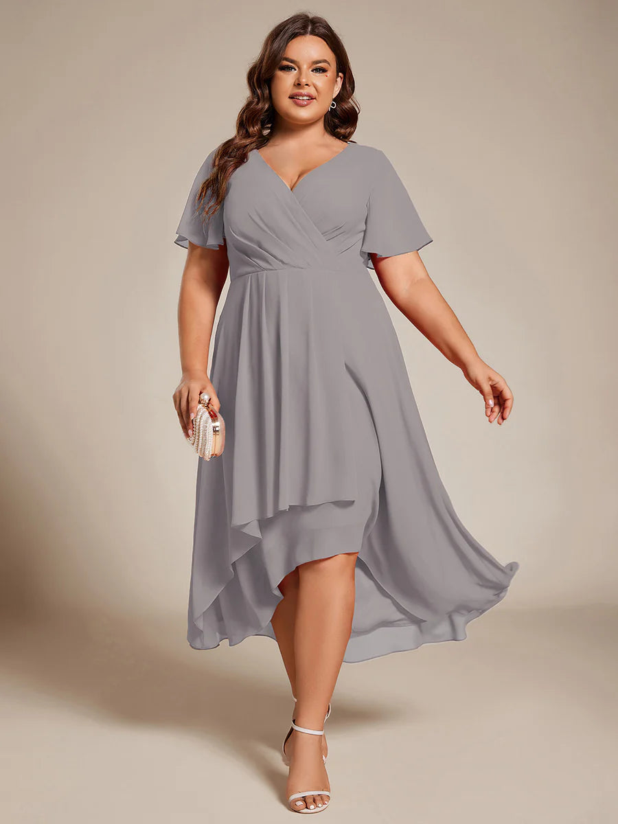Plus V-Neck Midi Chiffon Wedding Guest Dresses with Ruffles Sleeve