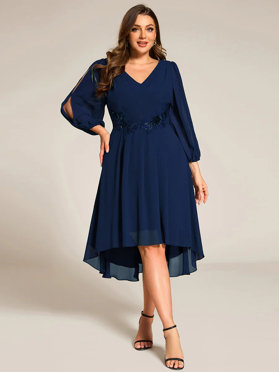 Plus Size Elegant Lantern Sleeve Applique Empire Waist Midi-Length Chiffon Evening Dresses with Asymmetrical Hem