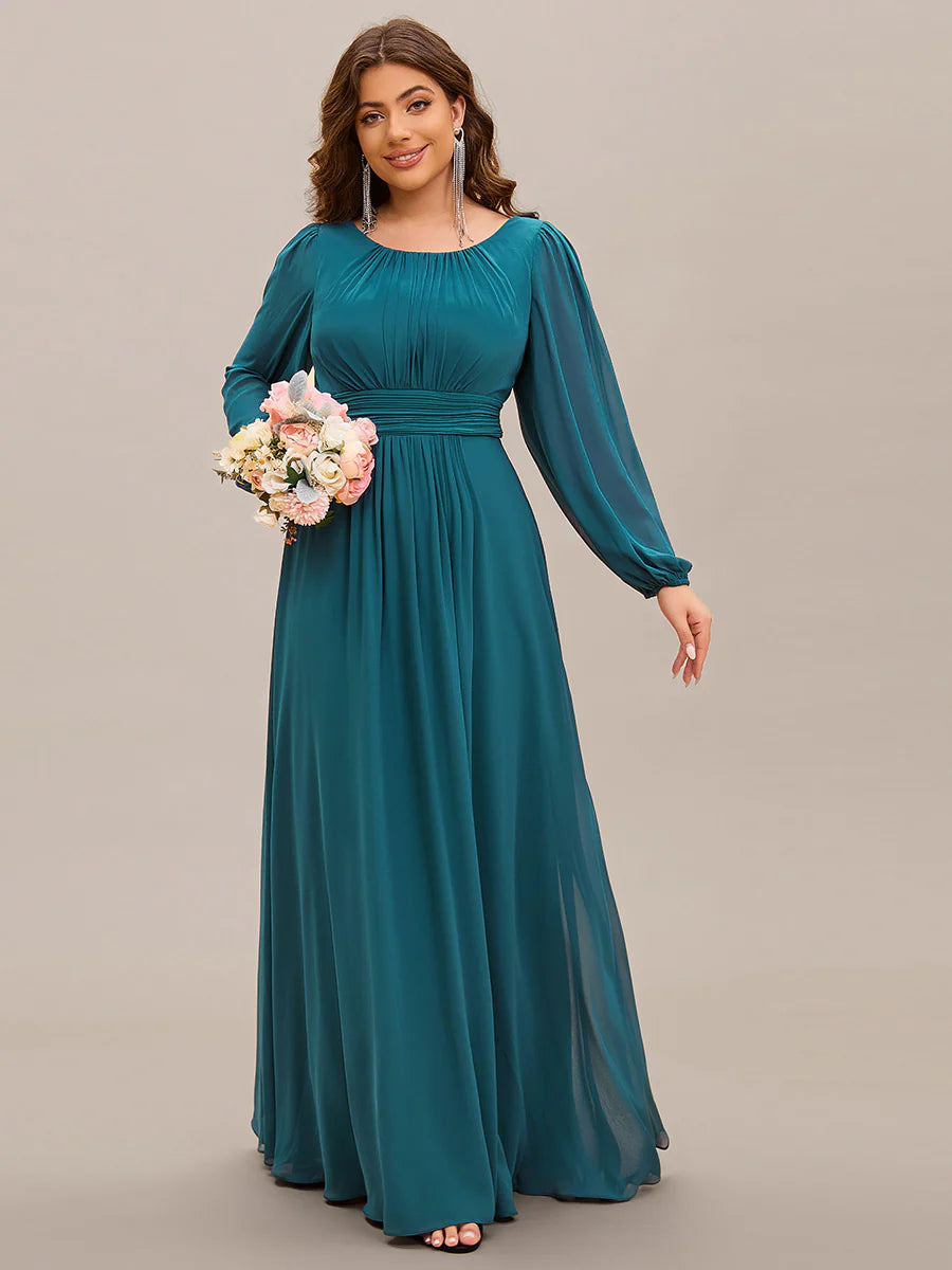 Plus Size Round Neck Wholesale Bridesmaid Dresses with Long Lantern Sleeves