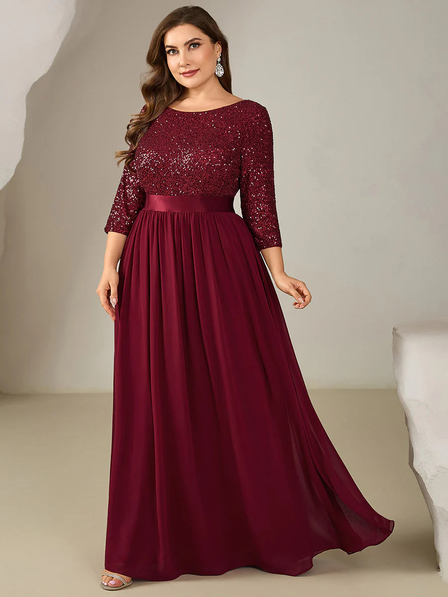 Plus Size 3/4 Sleeve Sequin Patchwork A-Line Floor Length Evening Dresses
