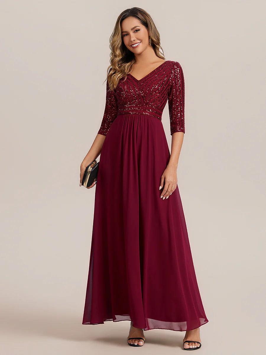 B2B-Exclusive Half Sleeve V-Neck Sequin A-Line Floor Length Evening Dresses