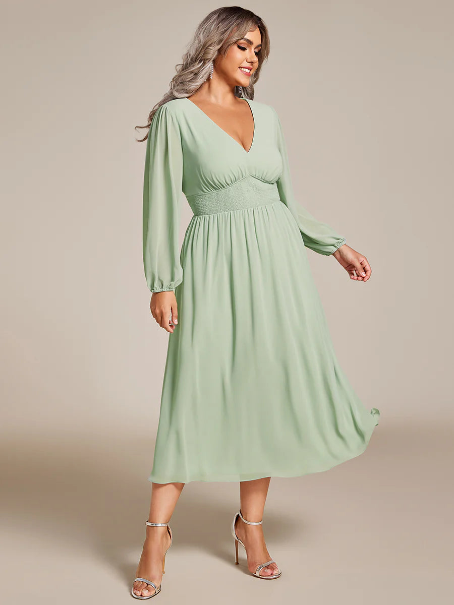 Plus Size Knee Length Chiffon Wholesale Wedding Guest Dresses With Long Sleeves