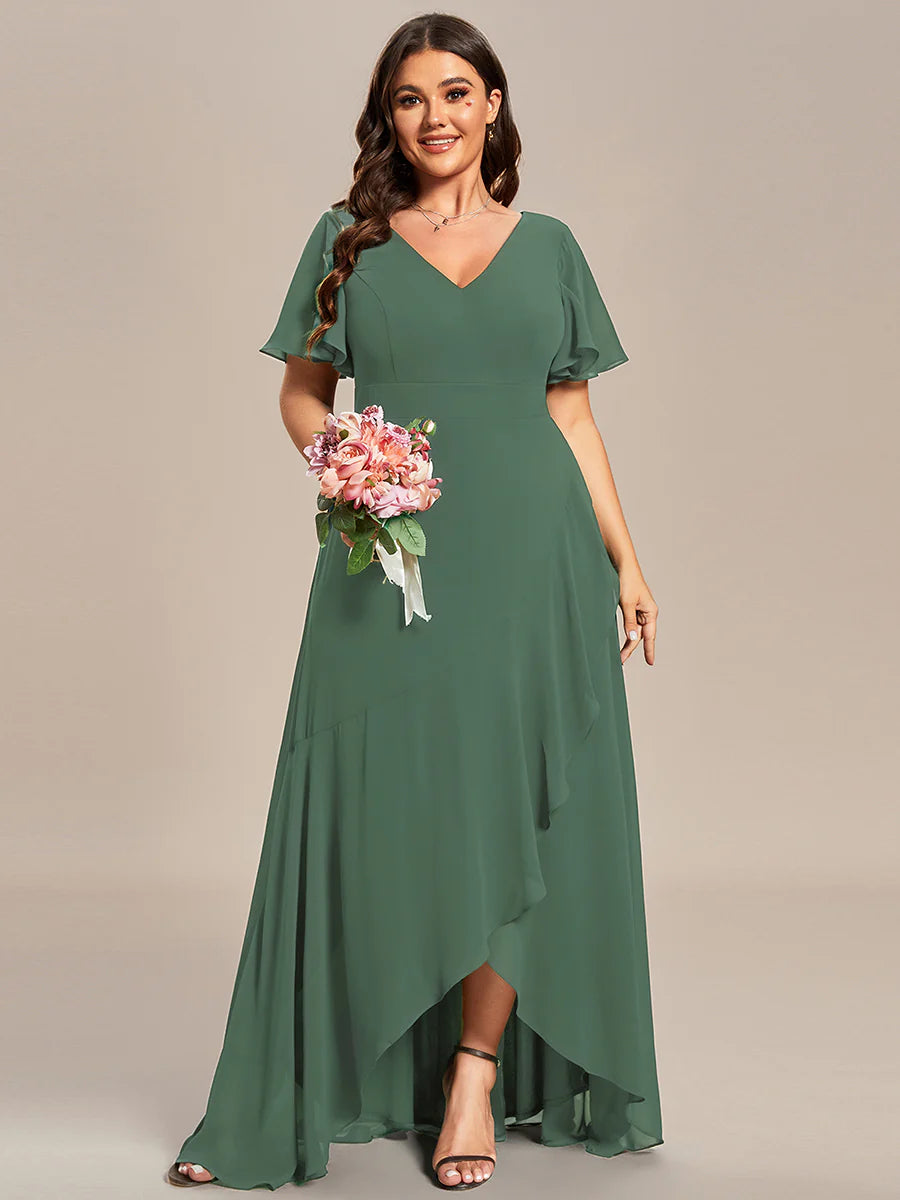 Plus V Neck High Low Ruffles Chiffon Wholesale Bridesmaid Dresses