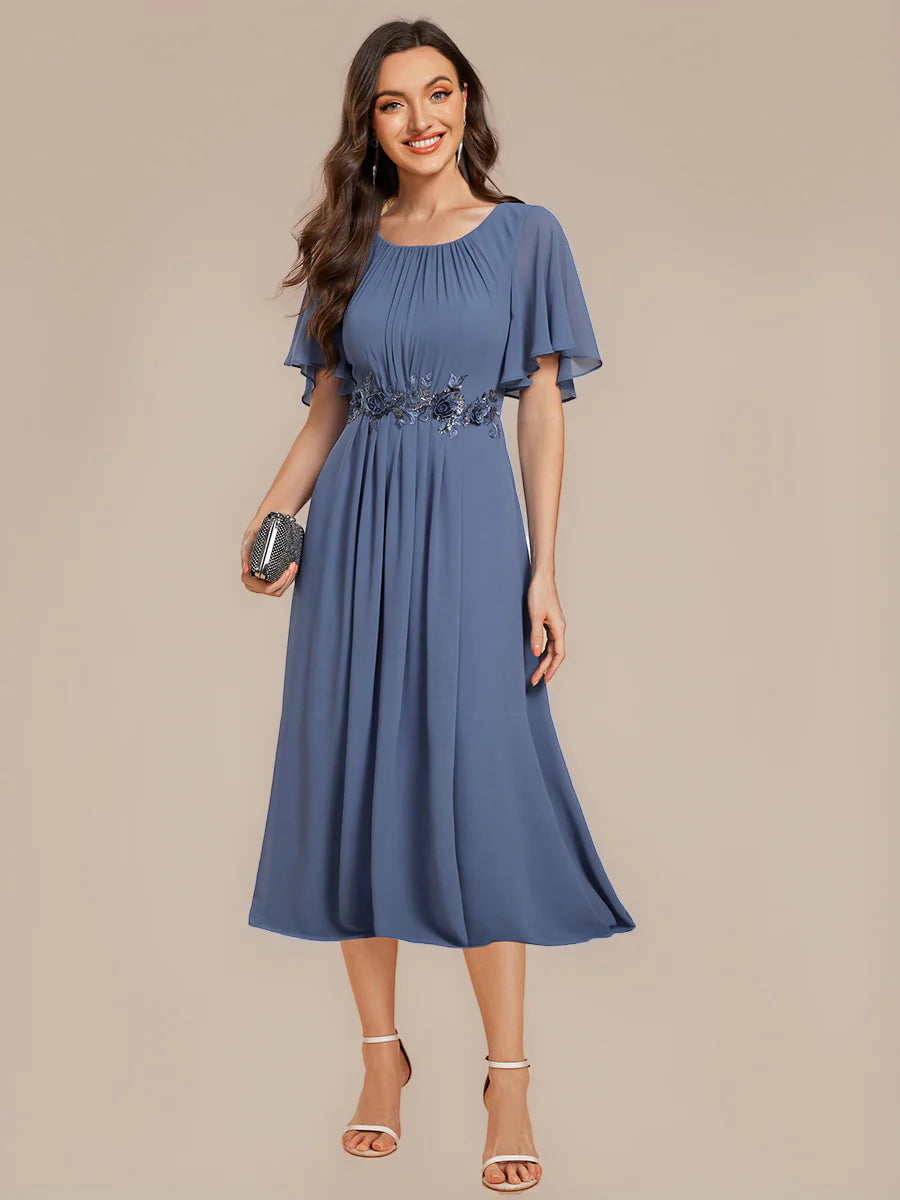Commercial Wholesale Short Sleeve Ruffle A-Line Midi Dress with Floral Appliques Evening Dresses