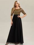 3/4 Sleeve Sequin Patchwork A-Line Floor Length Evening Dresses
