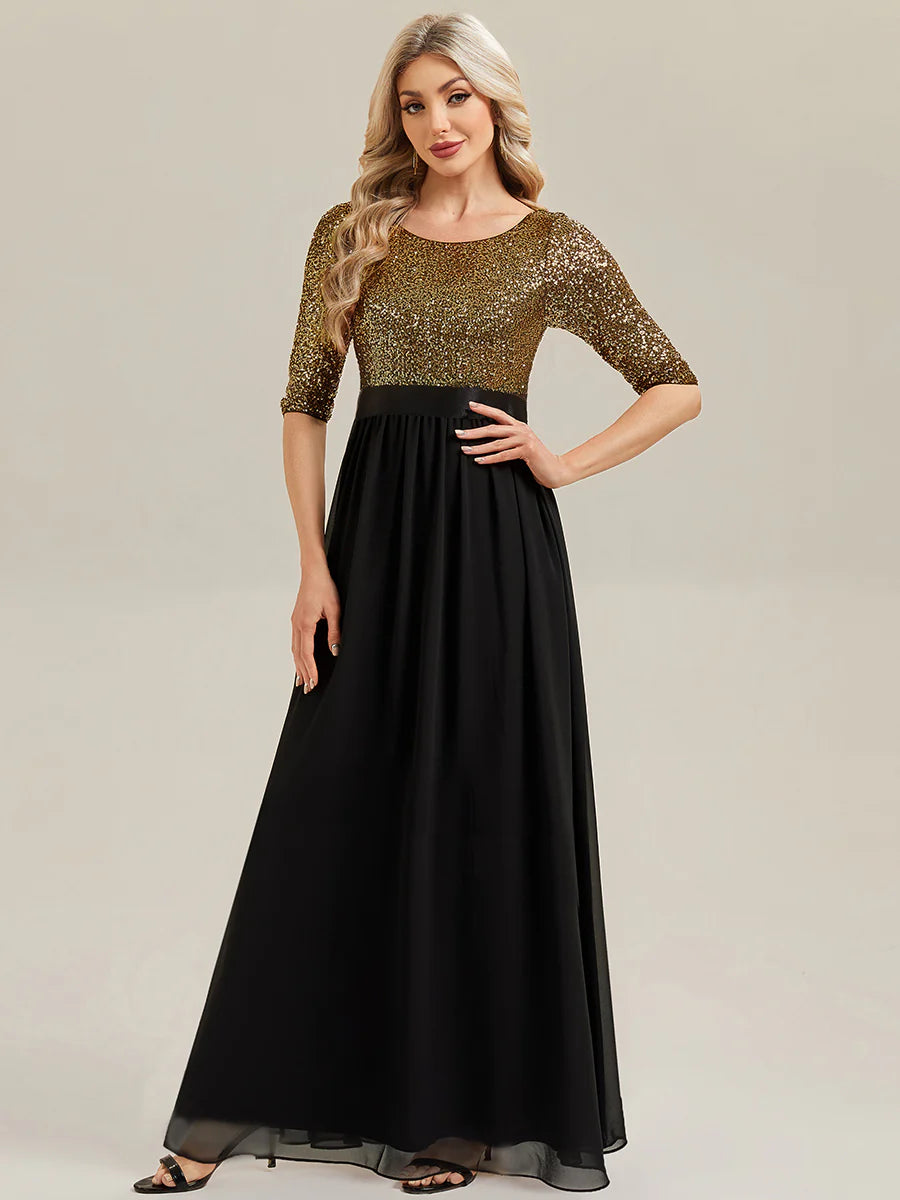 3/4 Sleeve Sequin Patchwork A-Line Floor Length Evening Dresses