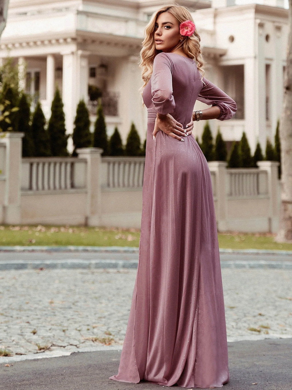 Sexy V-Neck Shiny Wholesale Evening Dresses With Long Sleeve