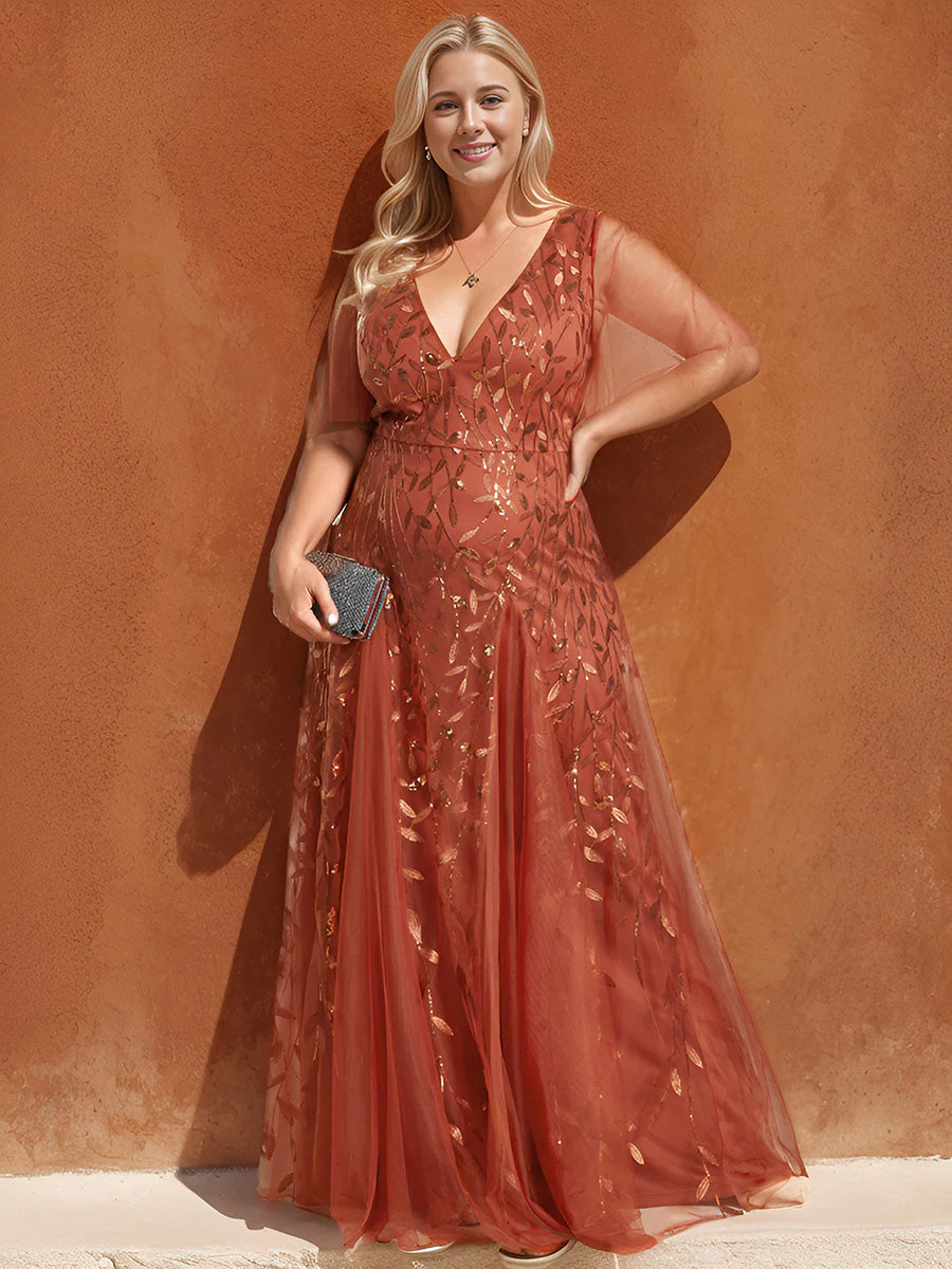 Plus Size Deep V Neck Wholesale Sequin Evening Gown With Short Sleeves