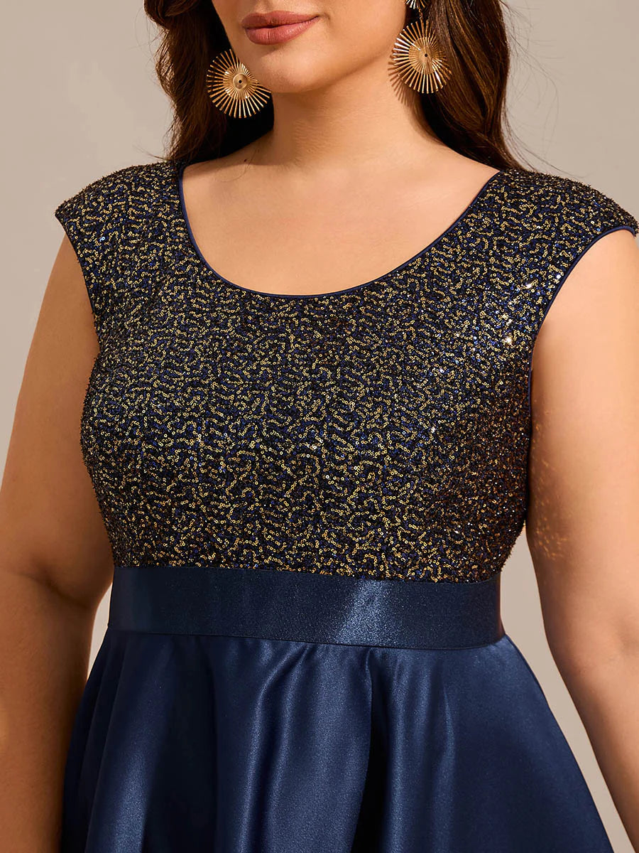 Plus Size Elegant Round Neck Asymmetrical Hem Sequin Contrast Satin Dresses with Raglan Sleeves