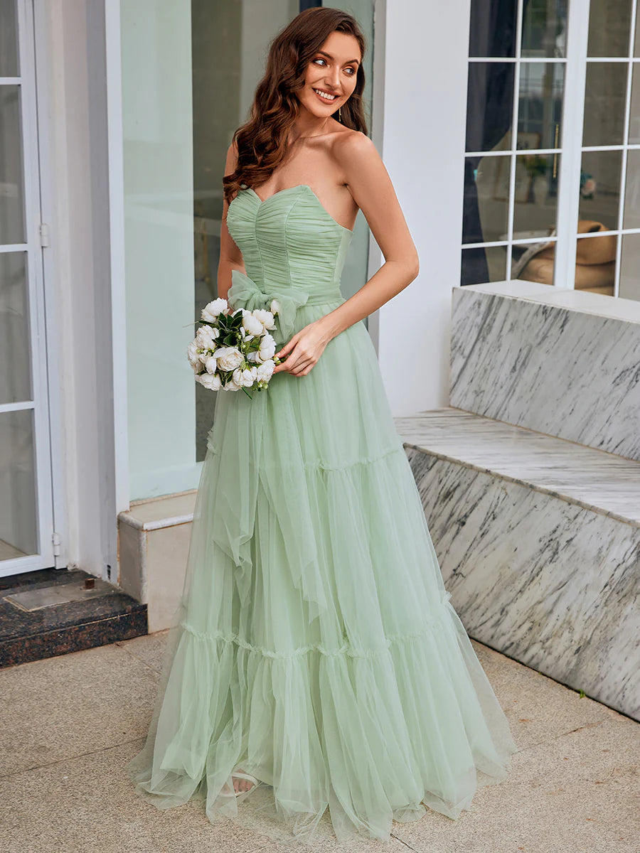 Wholesale Sweetheart Neckline A-Line Sleeveless Long Tulle Bridesmaid Dress