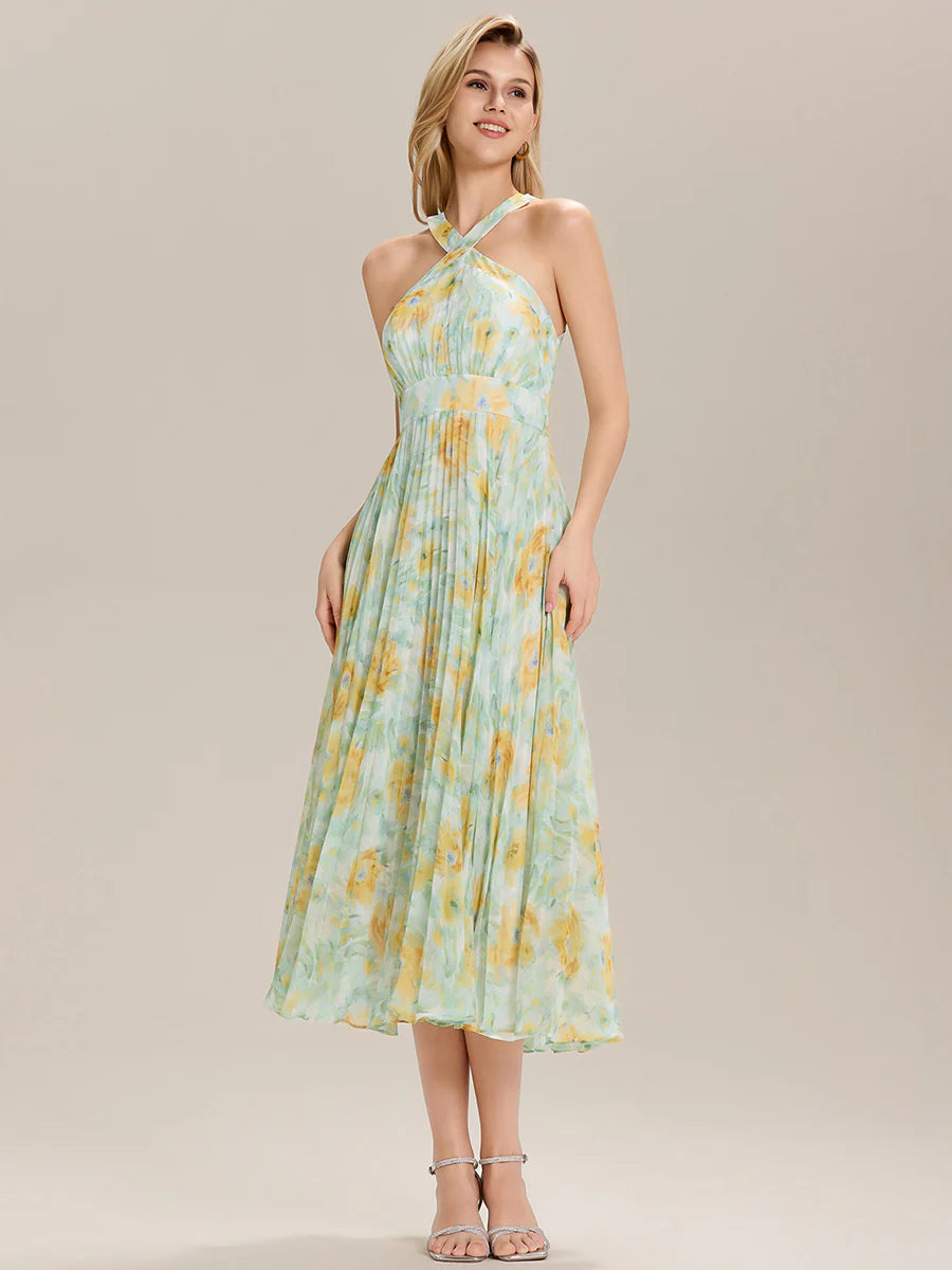 Sleeveless Halter Neck Pleated Floral A-Line Midi Wedding Guest Dress
