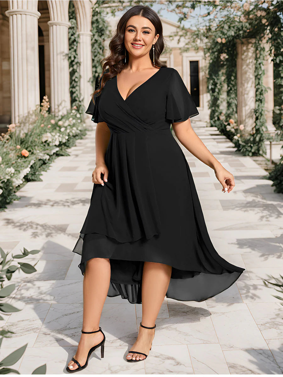 Plus V-Neck Midi Chiffon Wedding Guest Dresses with Ruffles Sleeve