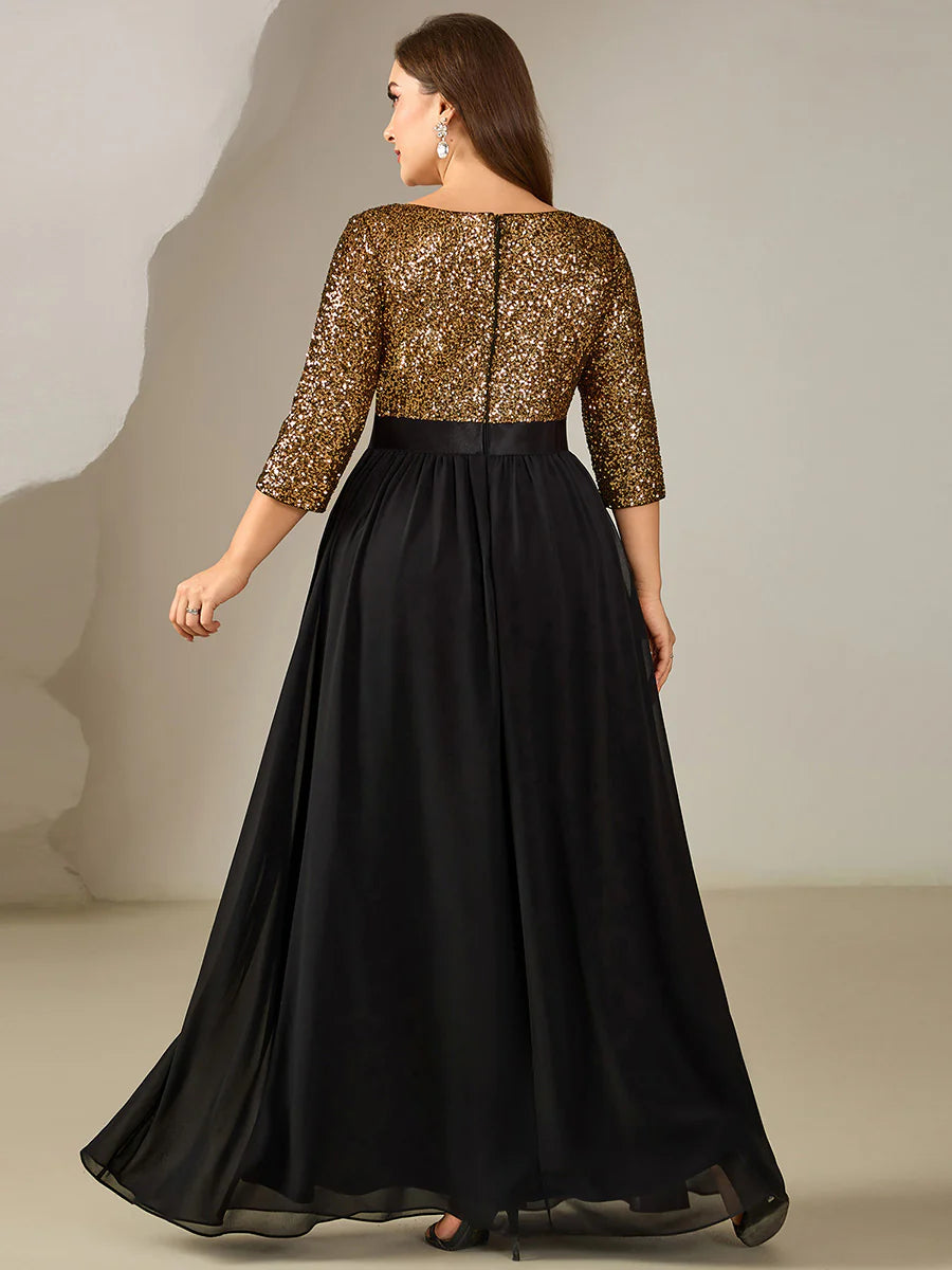 3/4 Sleeve Sequin Patchwork A-Line Floor Length Evening Dresses
