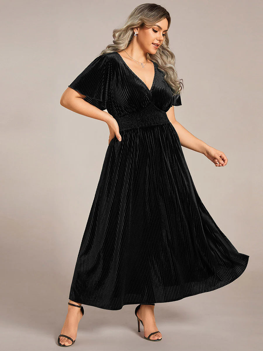 Plus-Size-V-Neck Tea Length Velvet Wedding Guest Dresses