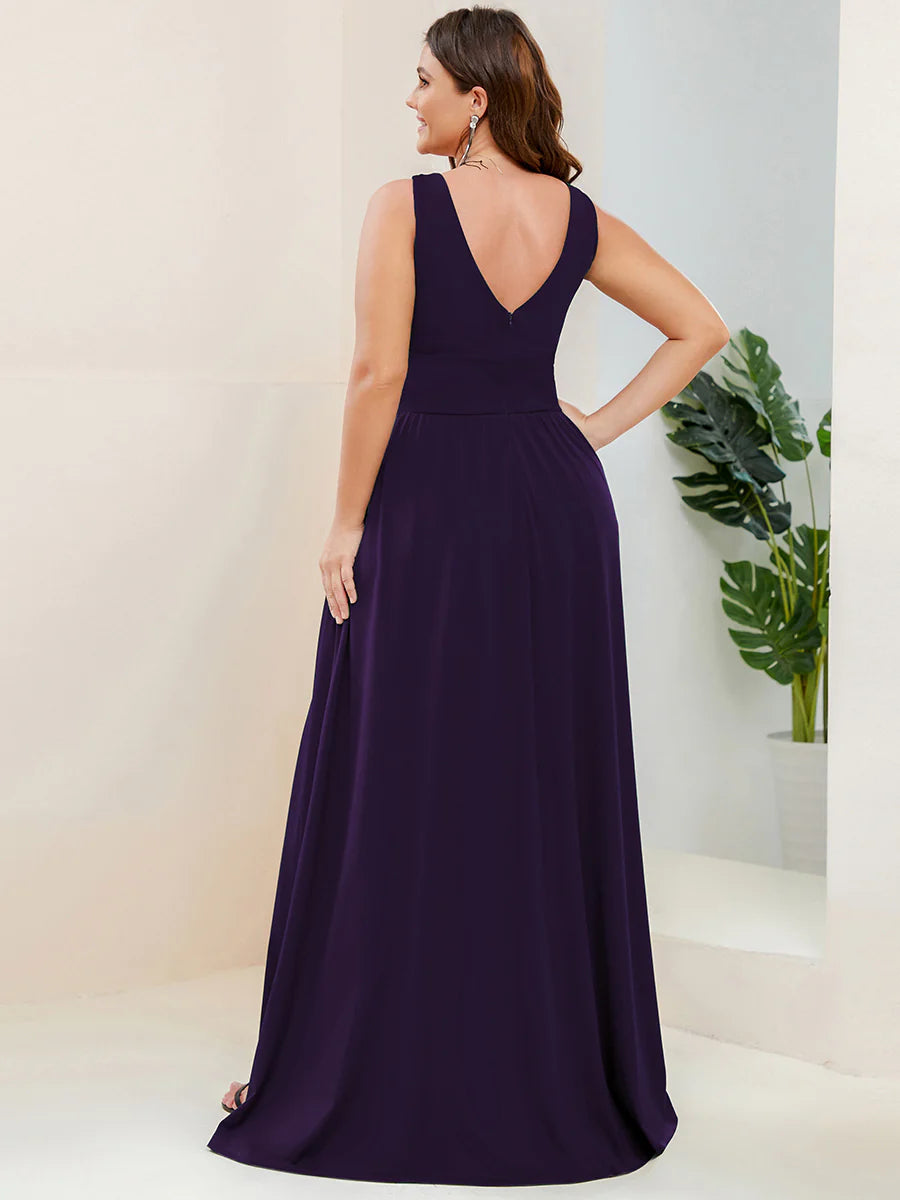 Plus Sleeveless Wholesale Bridesmaid Dresses with Deep V Neck and A Line