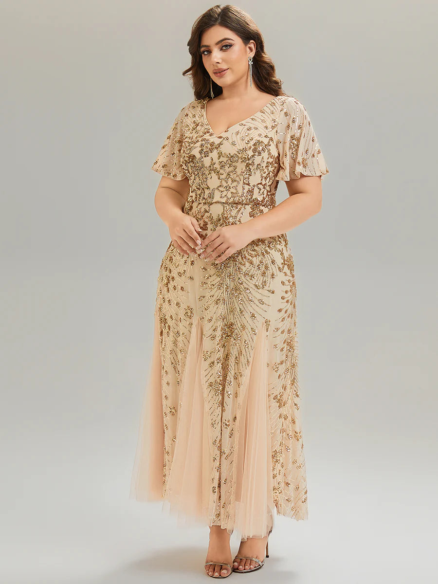 Short Sleeve Ruffle Sequin V-Neck A-Line Maxi Evening Dresses