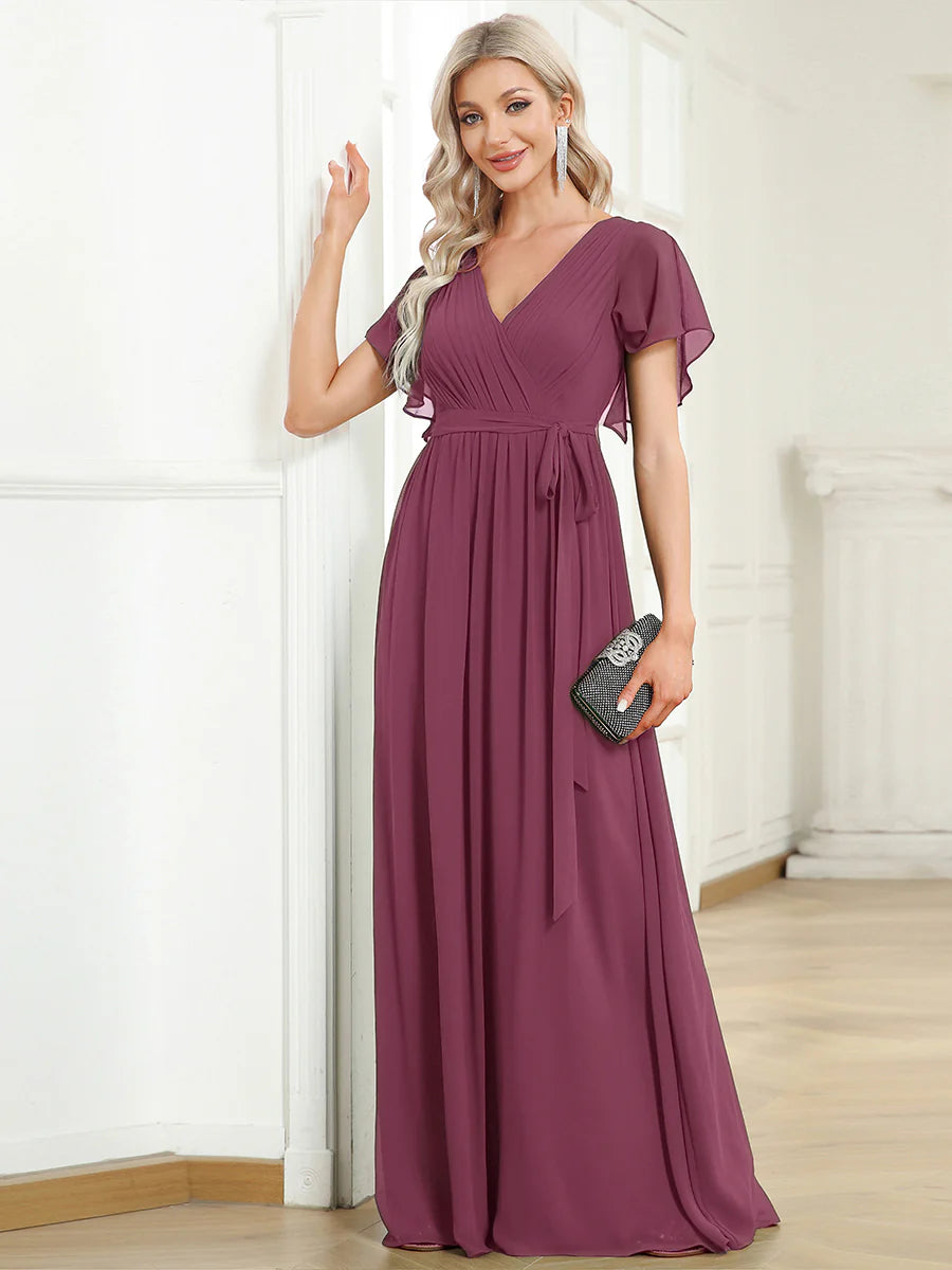 Short Sleeve Ruffle Deep V-Neck A-Line Floor Length Evening Dresses