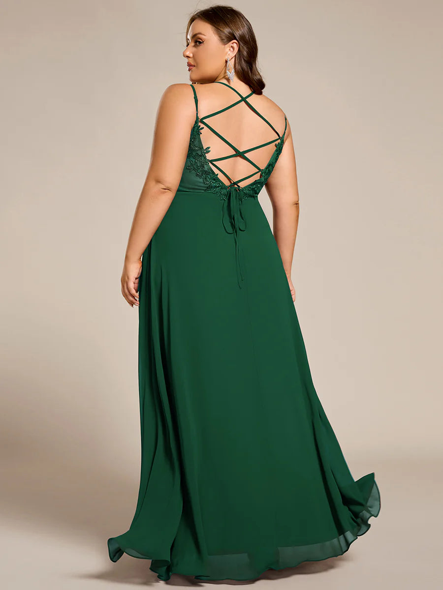 Plus Size Sleeveless V-Neck Appliques A-Line Floor Length Bridesmaid Dresses