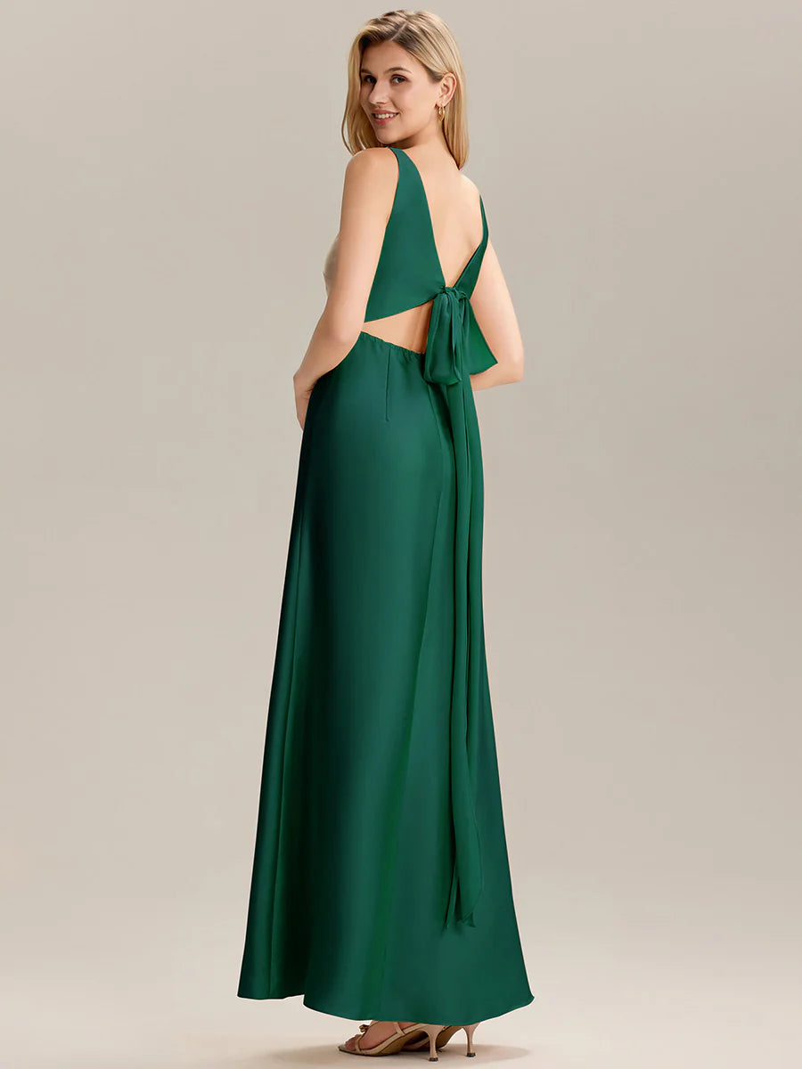 Short Sleeve V-Neck Backless A-Line Floor Length Bridesmaid Dresses