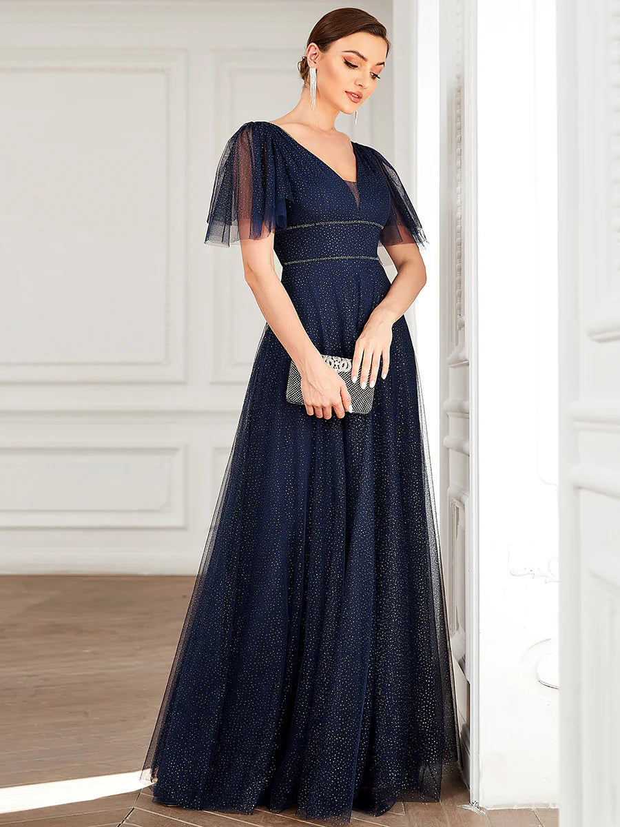 Wholesale Long Deep V Neck Maxi A-Line Tulle Evening Dress