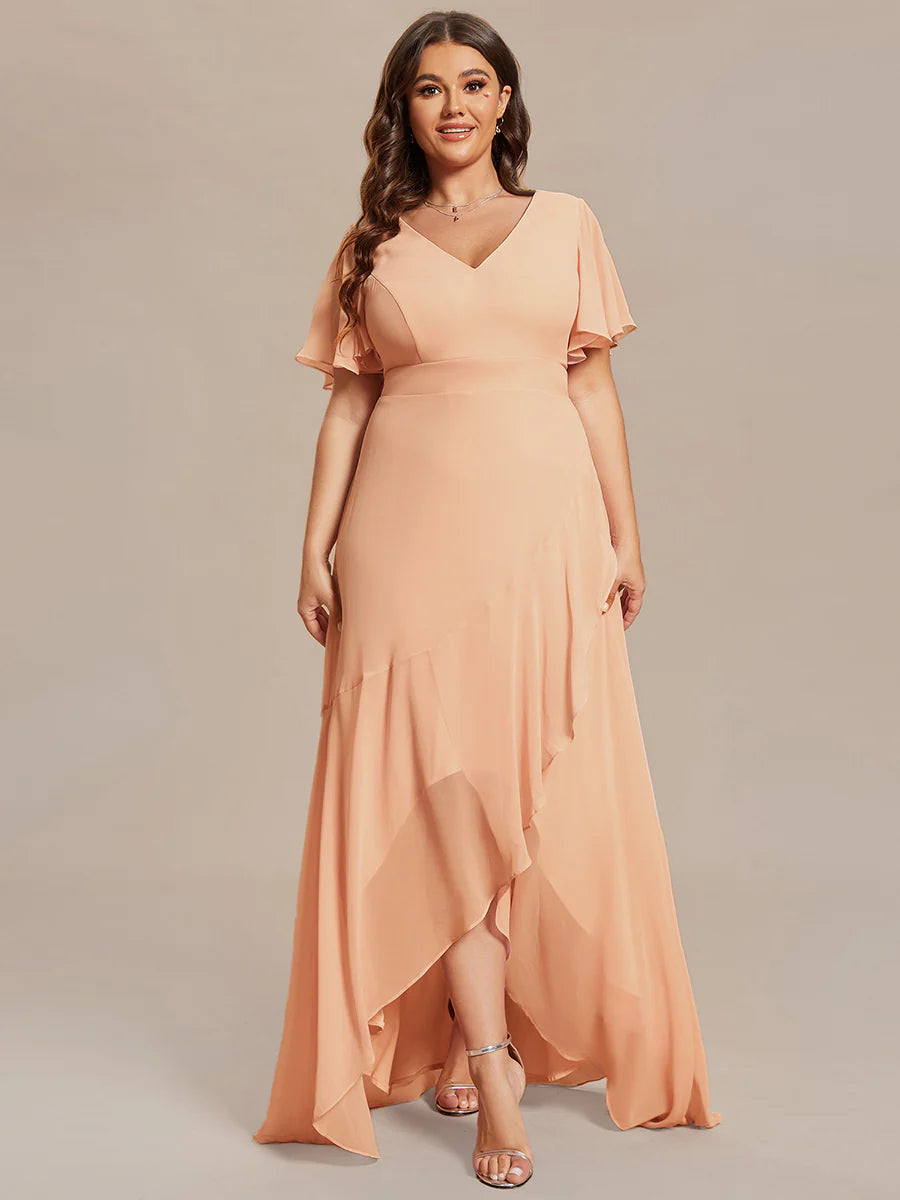 Plus V Neck High Low Ruffles Chiffon Wholesale Bridesmaid Dresses