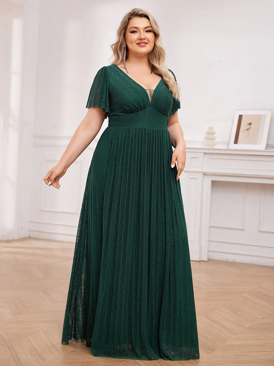 Plus Size Elegant See-Through Deep V Neck Floor Length Short Ruffles Sleeves Sequin Evening Dresses