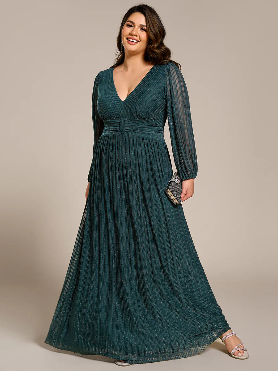 Plus Size Maxi Long Chiffon Waist  V Neck Wholesale Evening Dress with Long Sleeves