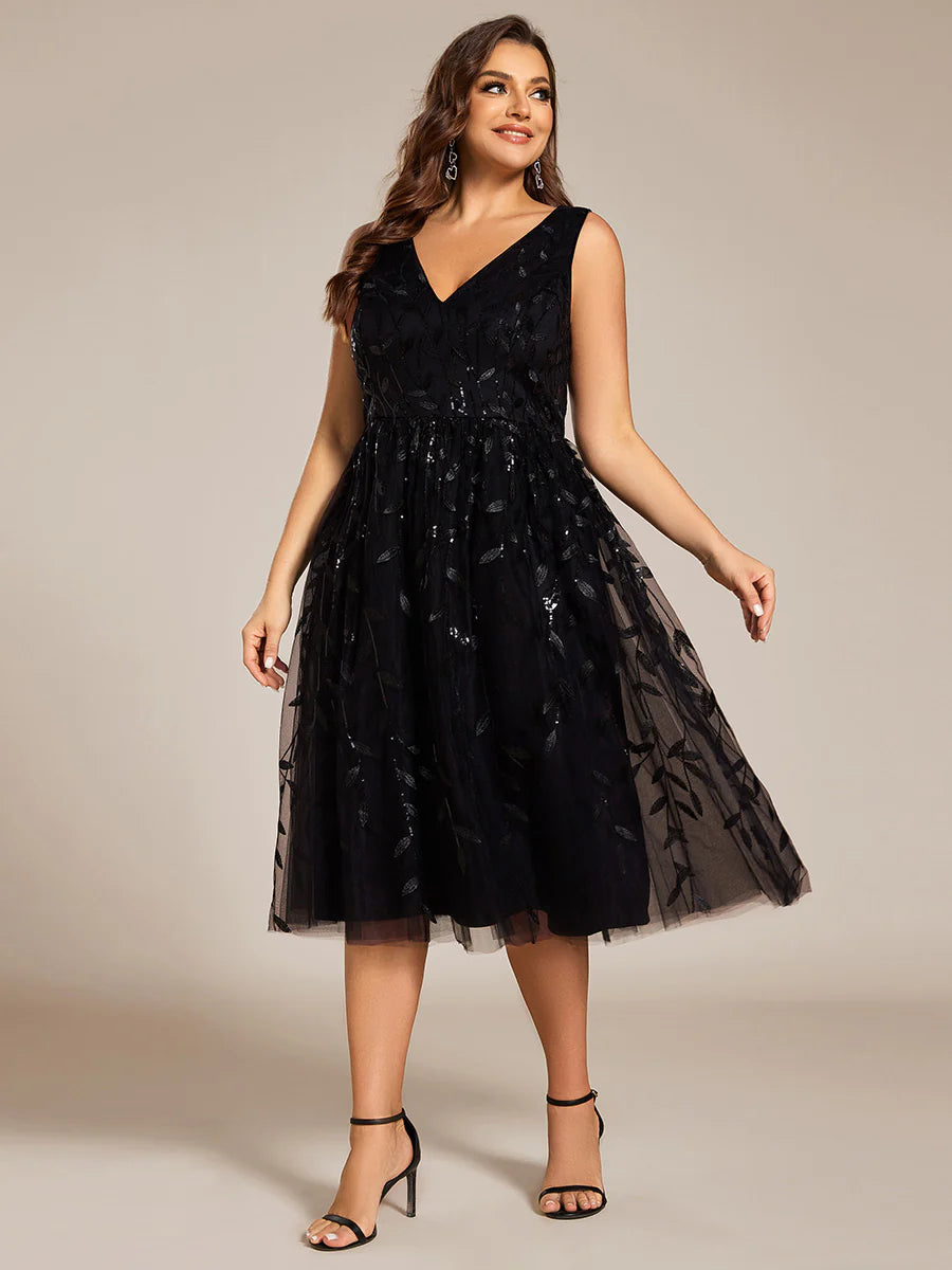 Plus Size V-Neck Sequin Midi Wedding Guest Dress With Sleeveless
