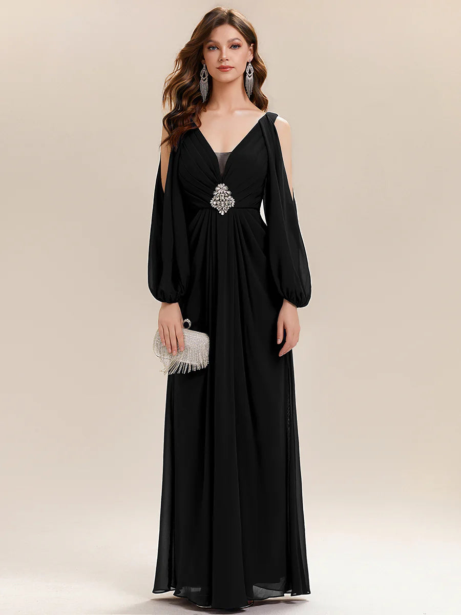 Volume Discounts Long Sleeve Lantern Sleeve A-Line Floor Length V-Neck Wedding Guest Dresses