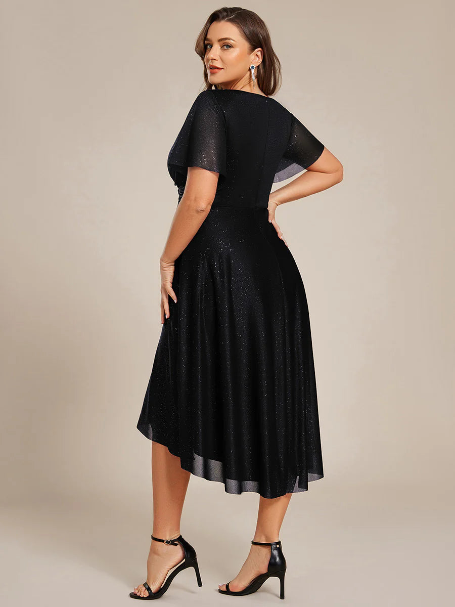 Plus Size Short Sleeve Ruffled Pleated V-Neck A-Line Midi Wedding Guest Dresses