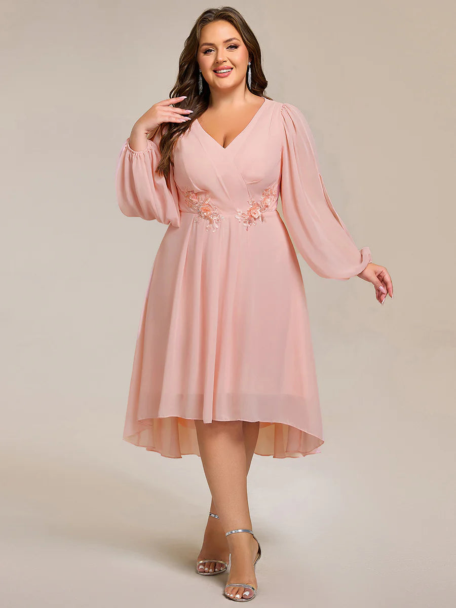 Plus Size Elegant Lantern Sleeve Applique Empire Waist Midi-Length Chiffon Evening Dresses with Asymmetrical Hem