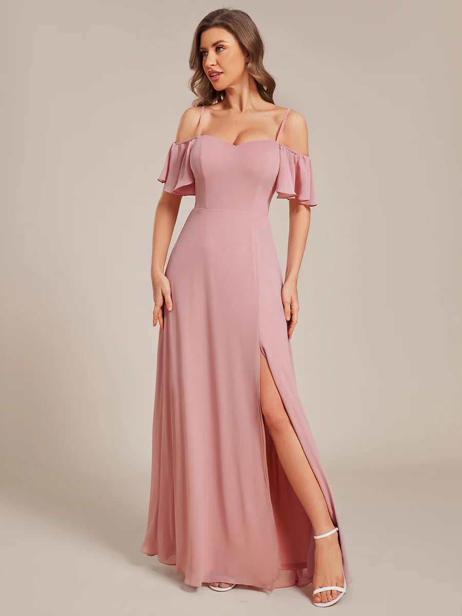 Wholesale High Split Chiffon Bridesmaid Dress With Spaghetti Straps